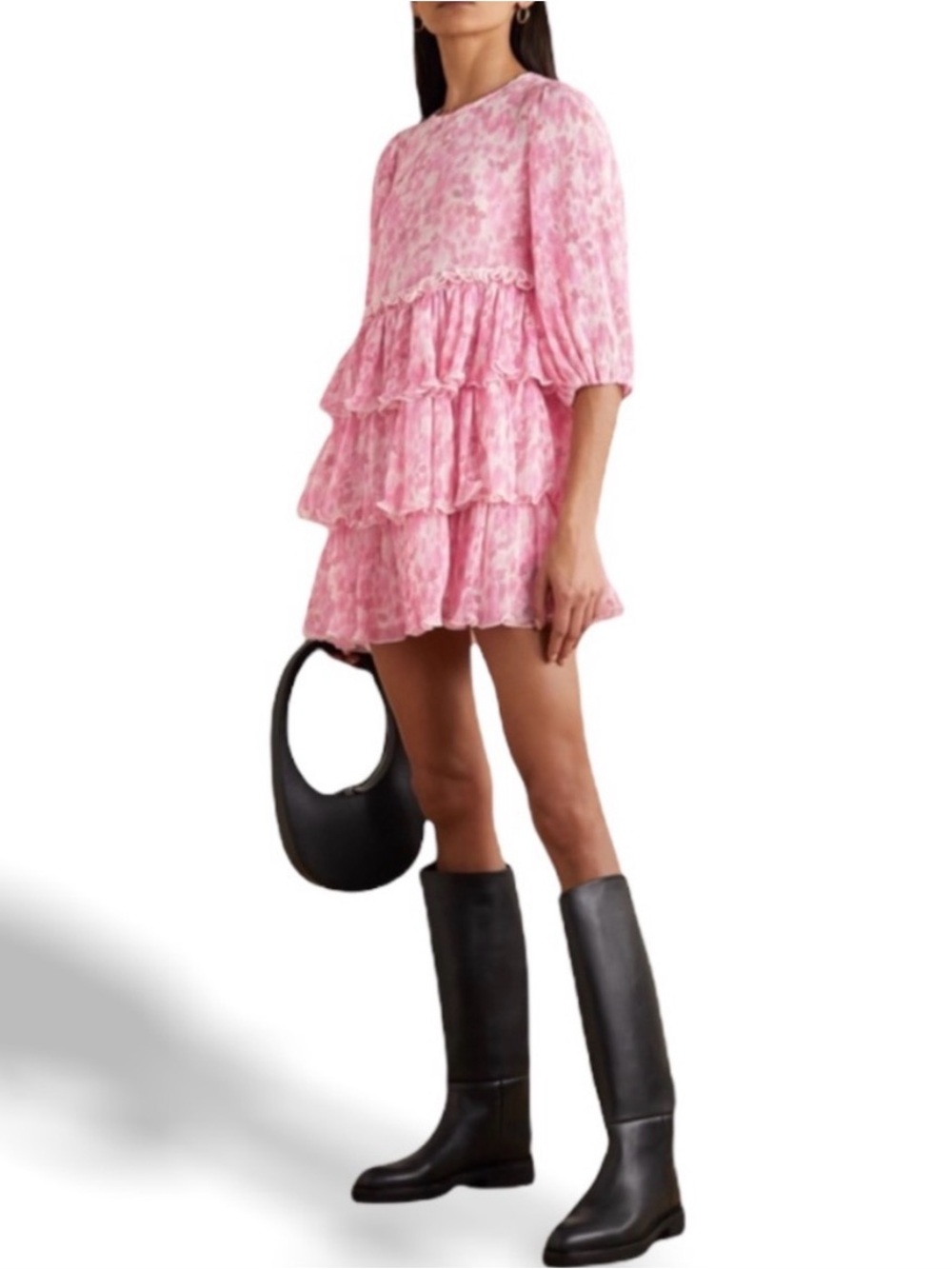 Ganni Georgette sz 34 Small speckled pink ruffled tier mini dress 3/4 sleeve